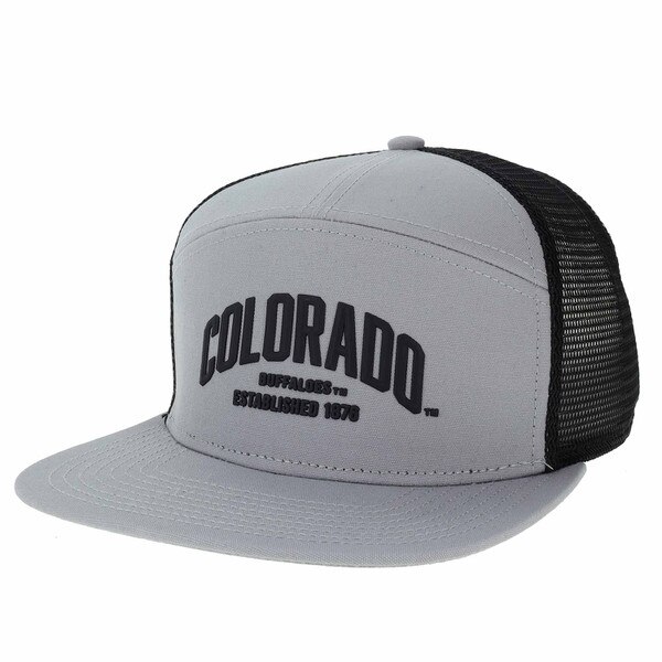 A grey trucker hat that reads "Colorado Buffaloes Established 1876" on the front center in black block letters. The back of the hat is a black mesh.
